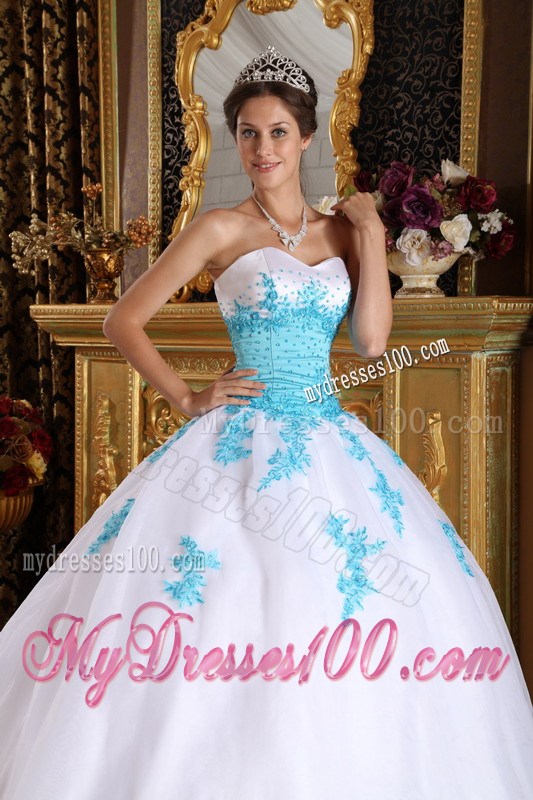 Classical Sweetheart Appliques White and Aqua Blue Fitted Dress for Sweet 15