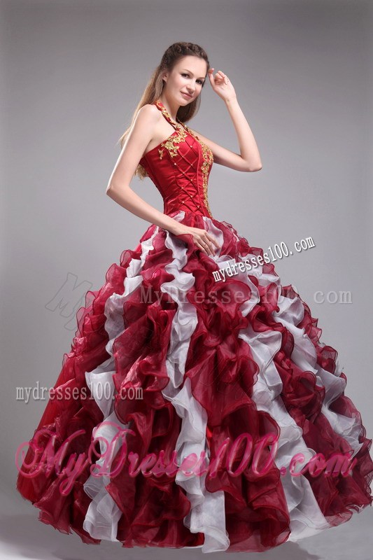 Halter Top Wine Red Appliques Ruffles Quinceanera Dresses