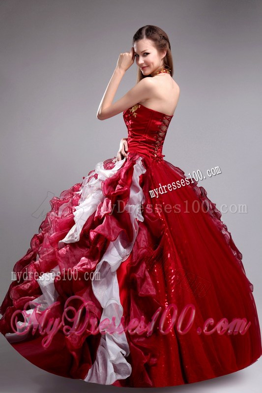 Halter Top Wine Red Appliques Ruffles Quinceanera Dresses