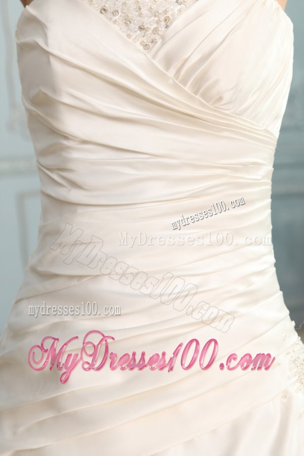 A-Line Strapless Floor-length Beading Lace Up Wedding Dress in Champagne