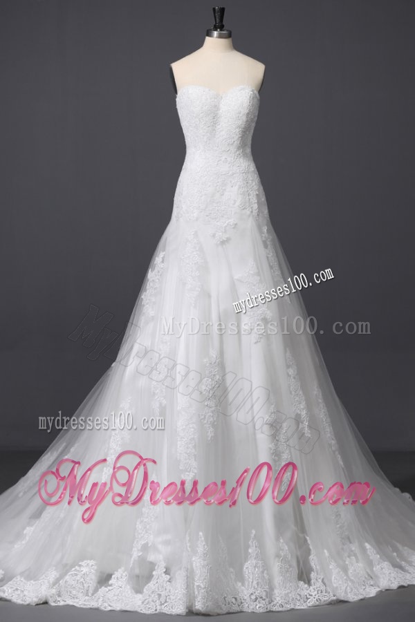 A-Line Sweetheart Appliques and Lace Wedding Dress with Court Train