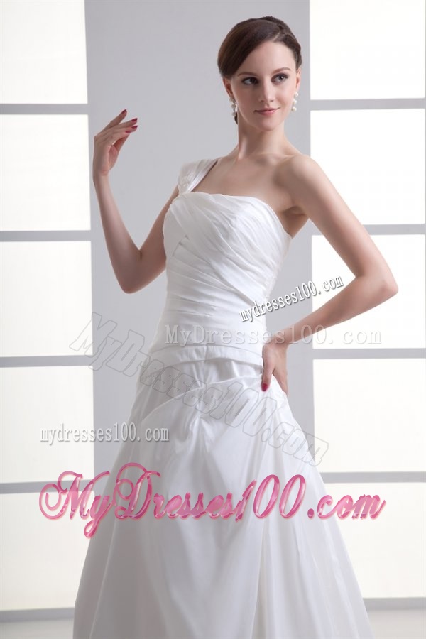 A-line One Shoulder Ruching Chiffon Court Train Wedding Dress