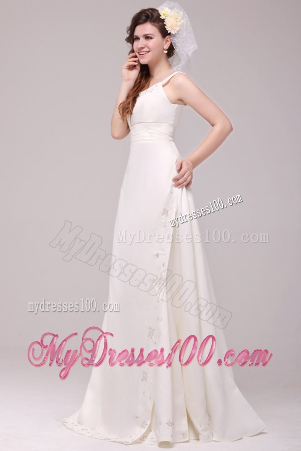 A-line Spaghetti Strap Embroidery Floor-length Wedding Dress