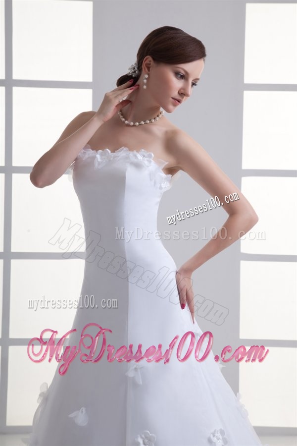 A-line Strapless Appliques Lace Court Train Wedding Dress