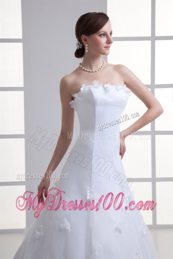 A-line Strapless Appliques Lace Court Train Wedding Dress