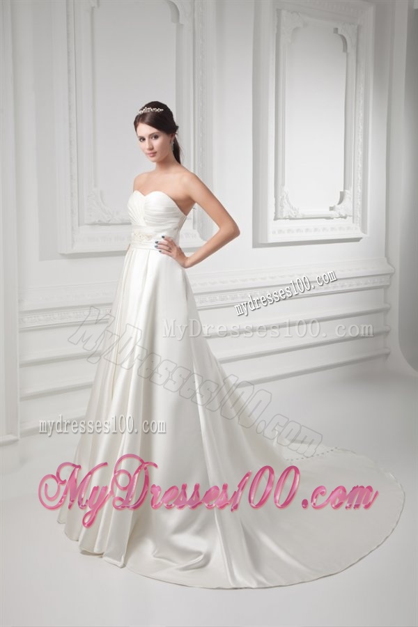 A-line Sweetheart Appliques and Ruching Satin Satin Wedding Dress