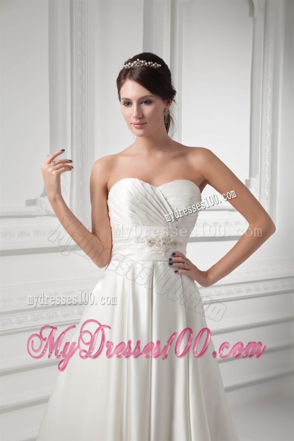 A-line Sweetheart Appliques and Ruching Satin Satin Wedding Dress