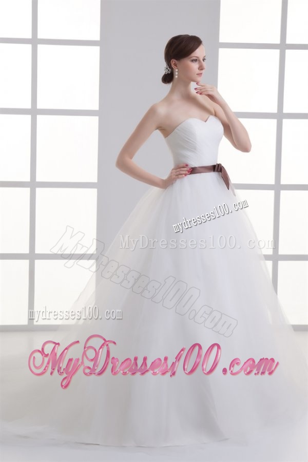 A-line Sweetheart Sash Ruching Tulle Wedding Dress