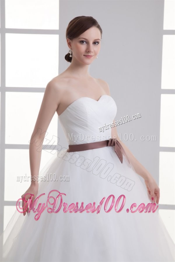 A-line Sweetheart Sash Ruching Tulle Wedding Dress