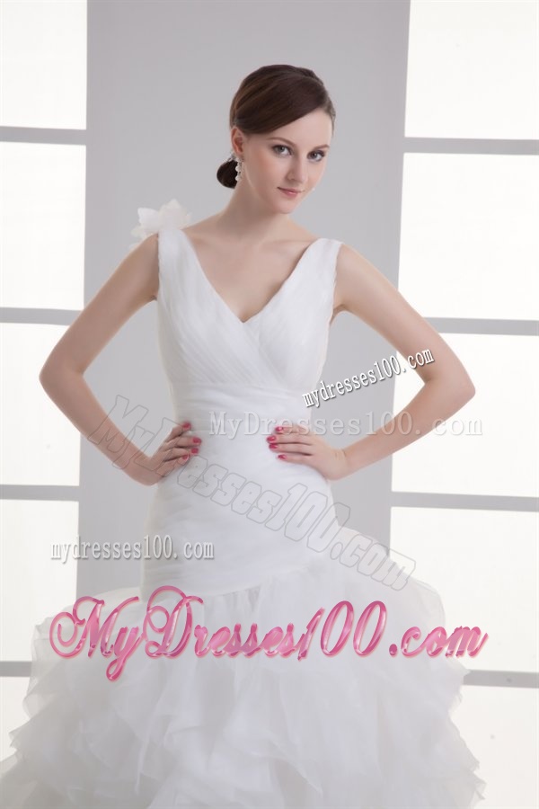 A-line V-neck Hand Made Flower Ruching Ruffles Court Train Wedding Dress