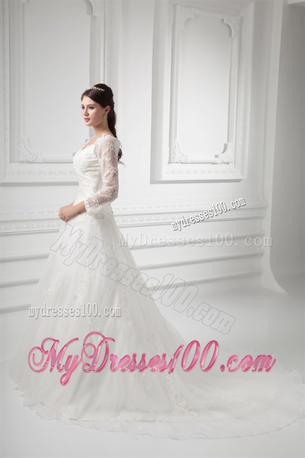 A-line V-neck Long Sleeves Lace Belt Court Train Wedding Dress