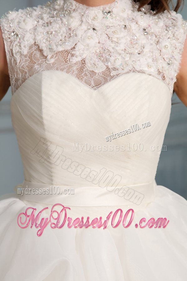 Ball Gown High Neck Beading and Flowers Wedding Dress with Organza