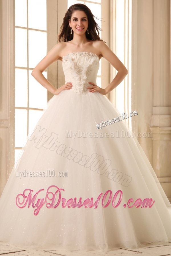 Beaded Decorate Bodice Strapless Ball Gown Tulle Wedding Dress