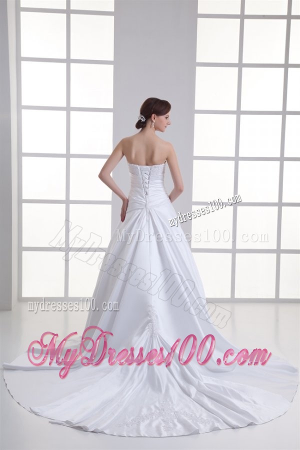 Elegant A-Line Strapless Lace Taffeta Chapel Train Wedding Dress