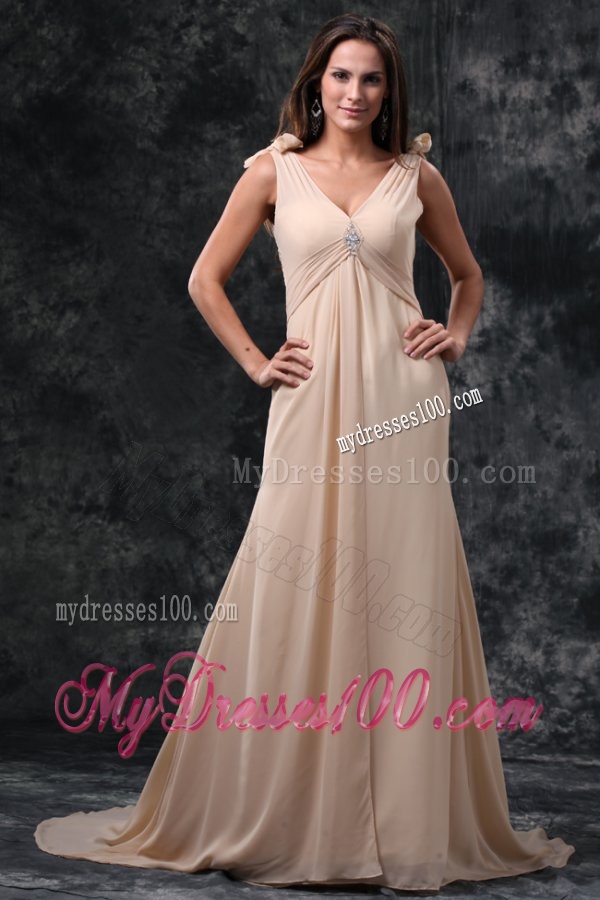 Empire Champagne V-neck Beading Ruching Court Train Chiffon Wedding Dress