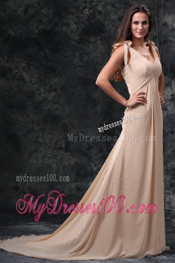 Empire Champagne V-neck Beading Ruching Court Train Chiffon Wedding Dress