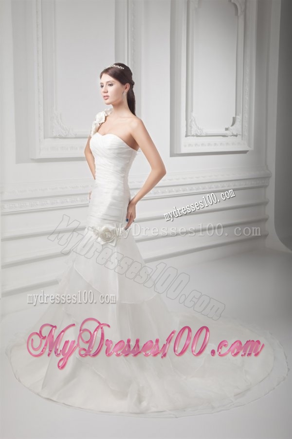 Mermaid One Shoulder Flowers Wedding Dress with Court Train