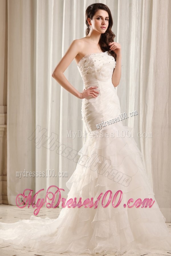 Mermaid Strapless Beading and Ruffles Layered Organza Wedding Dress