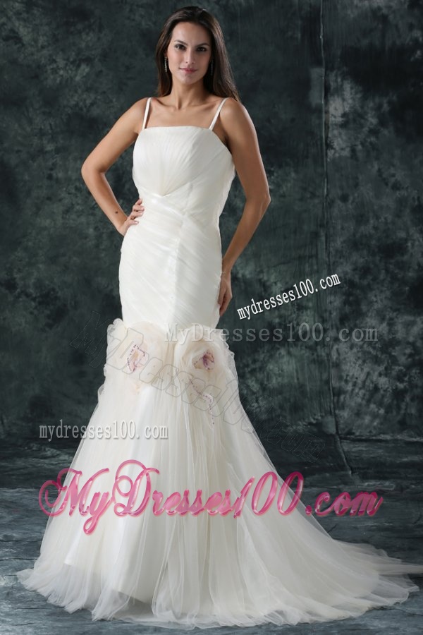 Pretty Brush Train Mermaid Spaghetti Straps Wedding Dress with Flowers