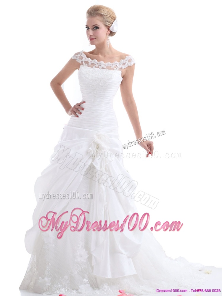 Ruffled White Wedding Dresses with Brush Train and Hand Made Flower