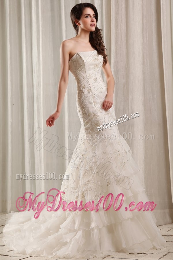 Strapless Mermaid Embroidery and Ruffles Court Train Wedding Dress