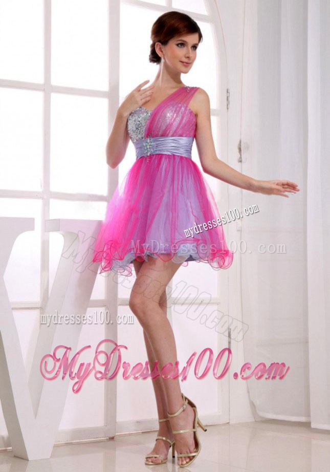 A-line One Shoulder Hot Pink Organza Mini-length Beaded Prom Dress