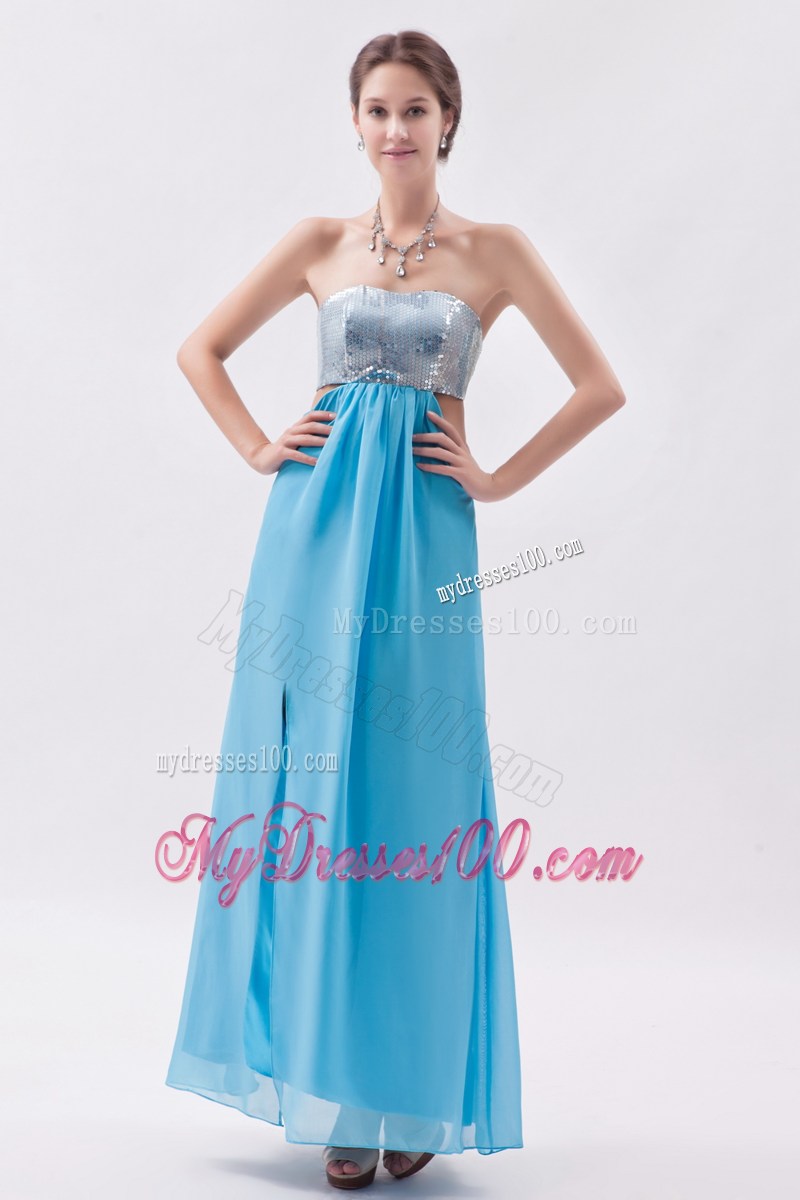 Strapless Aqua Empire Strapless Ankle-length Prom Dress with The Back Out