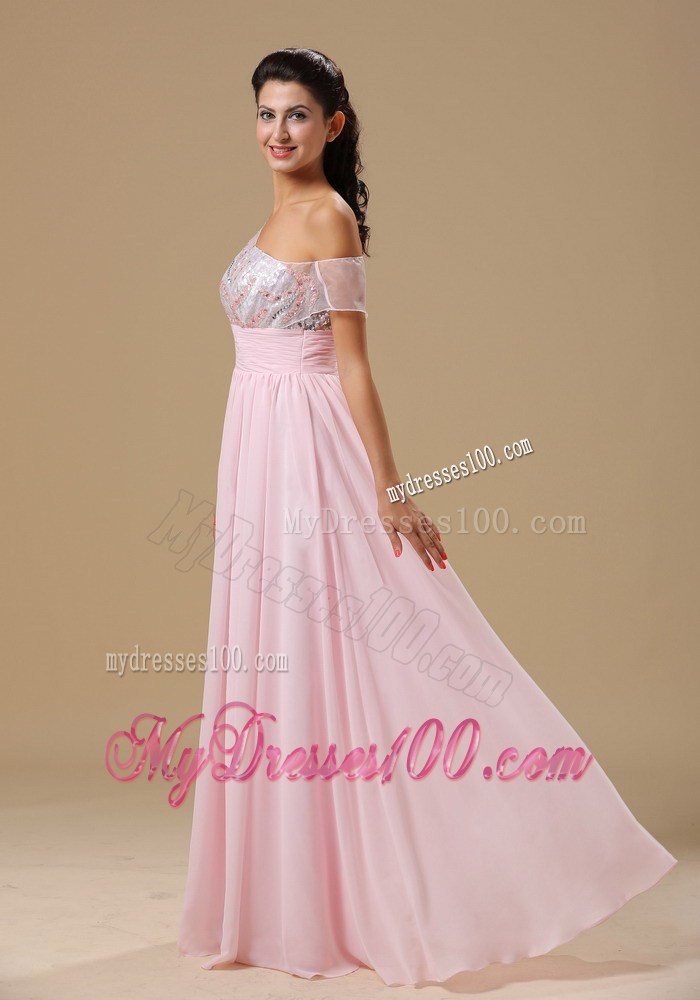 Baby Pink Chiffon Floor-length Prom Dresses with Asymmetrical Shoulders