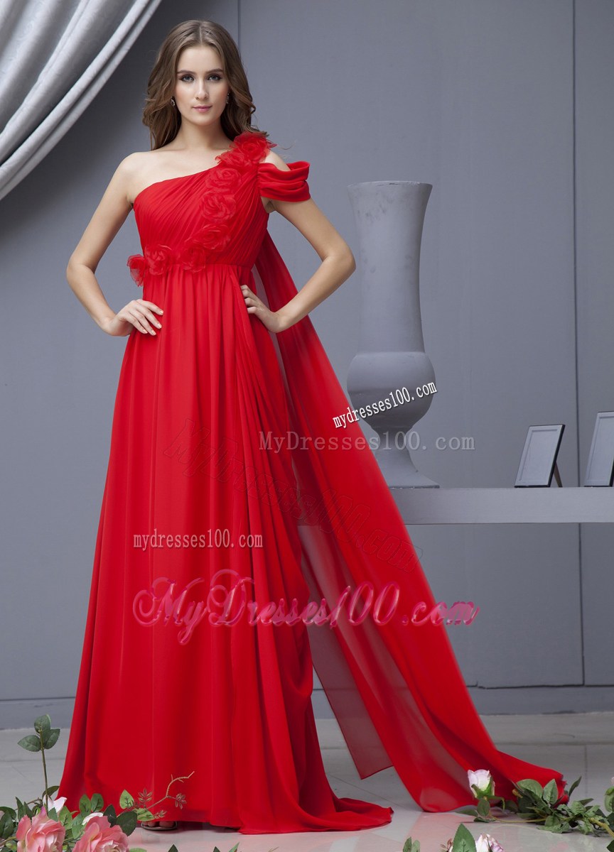 Single Shoulder Ruched Red Prom Dress with Flowers and Watteau Train