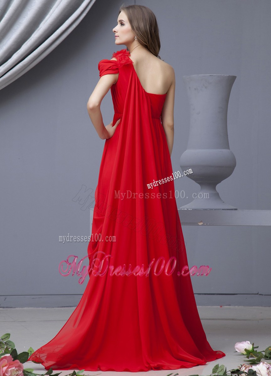 Single Shoulder Ruched Red Prom Dress with Flowers and Watteau Train