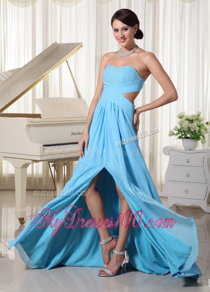 Aqua Blue Sweetheart High Slit Beaded Prom Dress with The Back Out