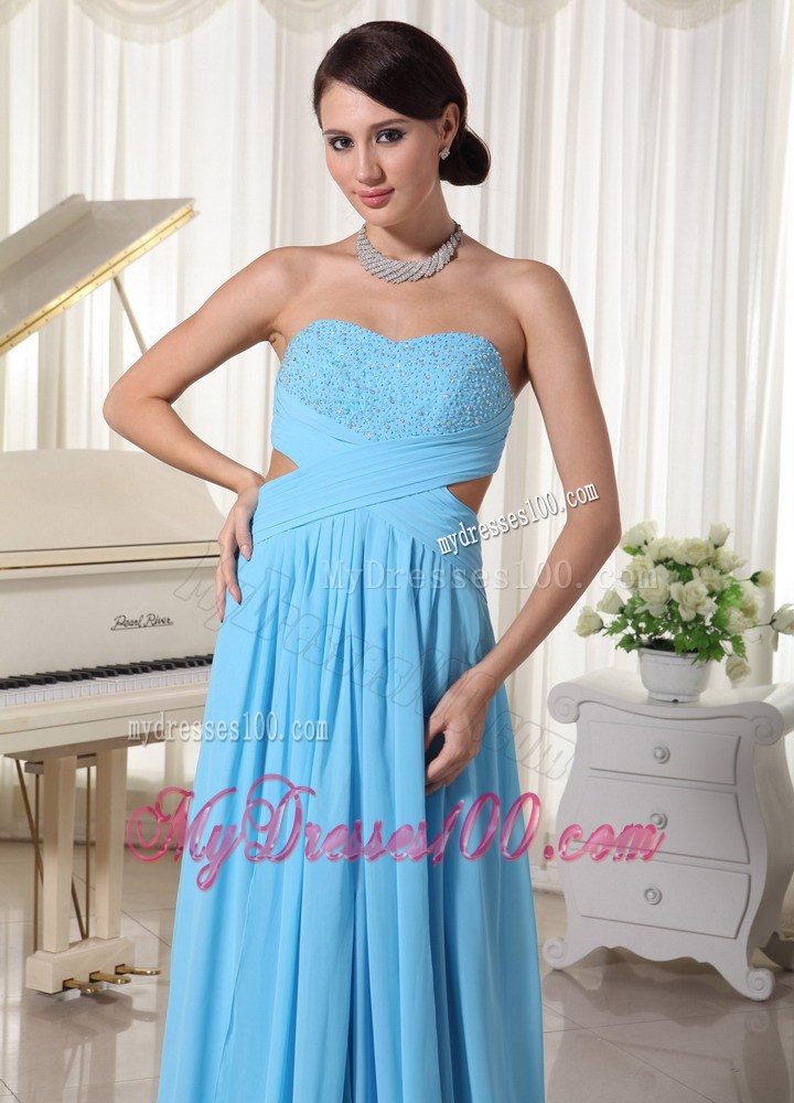 Aqua Blue Sweetheart High Slit Beaded Prom Dress with The Back Out