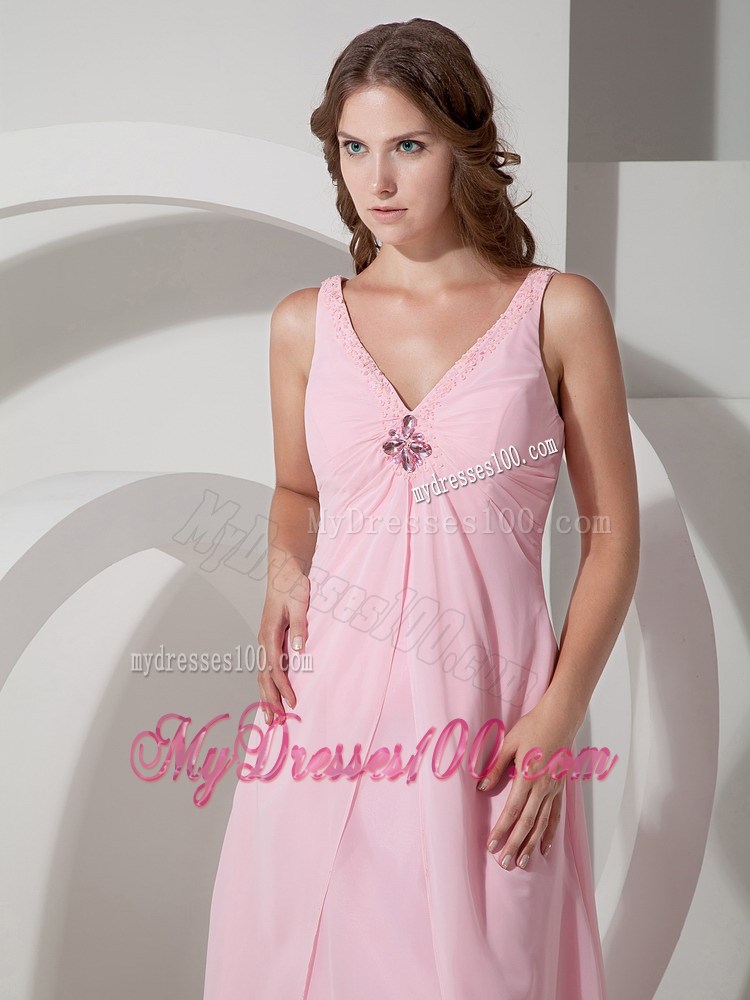 Sheer V-neck Brush Train Baby Pink Celebrity Dresses Inexpensive