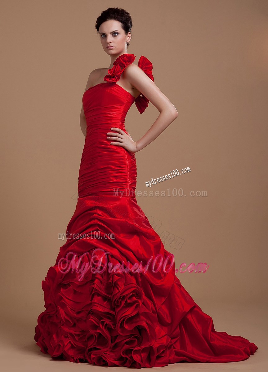 Wine Red Prom Dress With One Shoulder Hand Made Flowers and Ruffled Layers Mermaid Brush Train