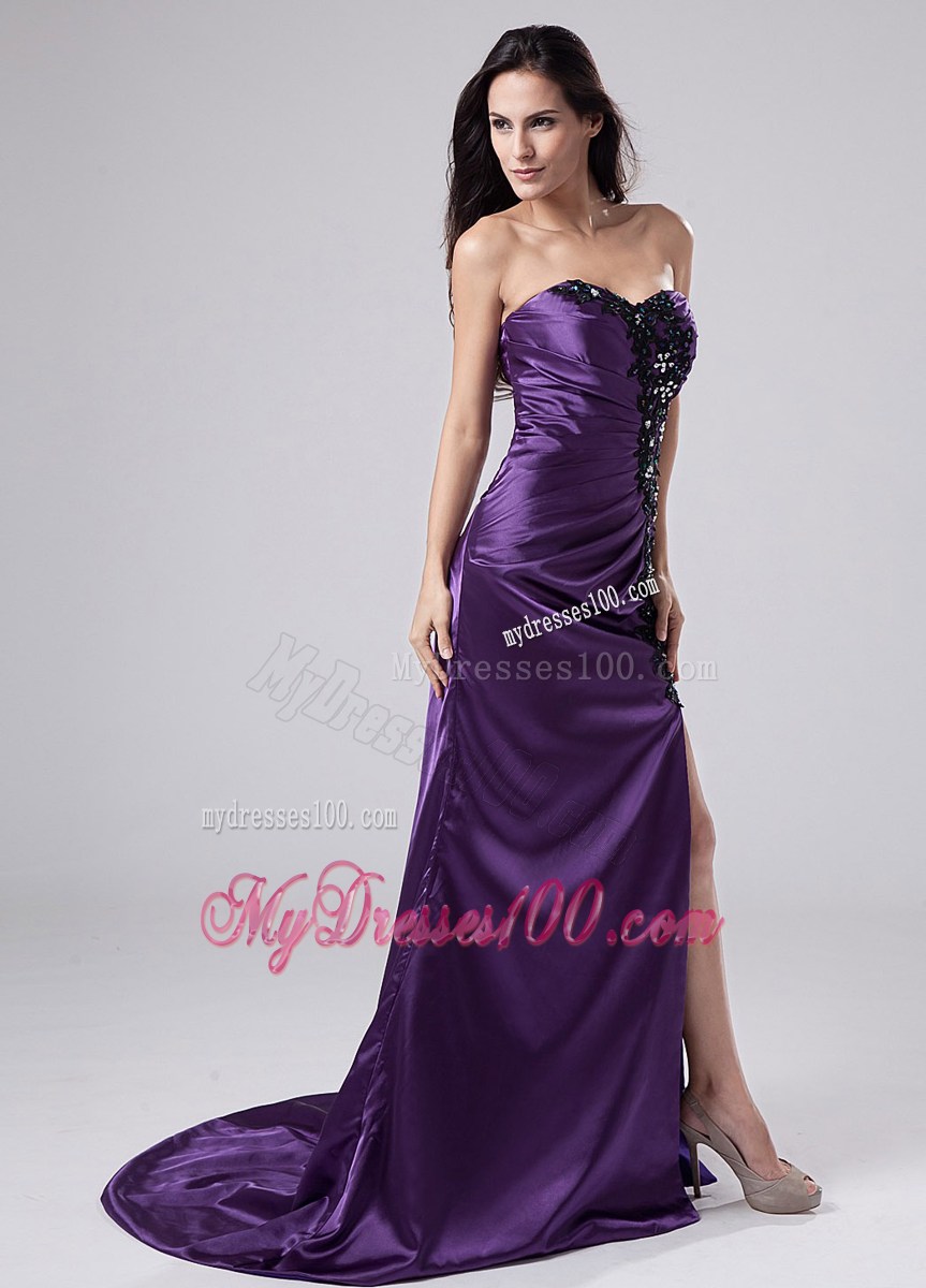 Beaded Column Sweetheart Brush Train Purple Pageant Dresses