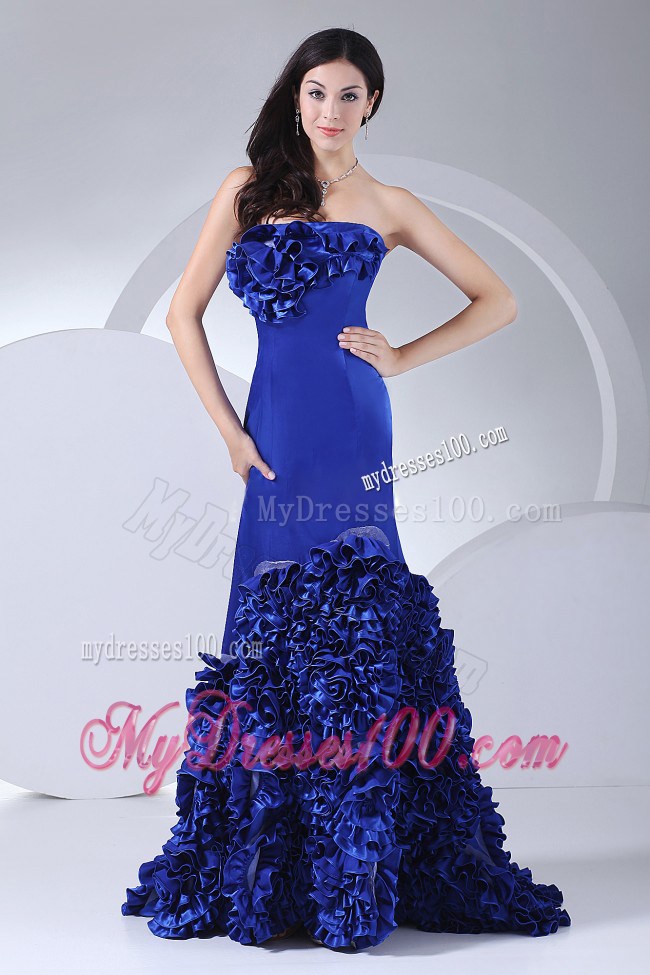 Flowers Strapless Mermaid Brush Train 2013 Blue Pageant Dresses