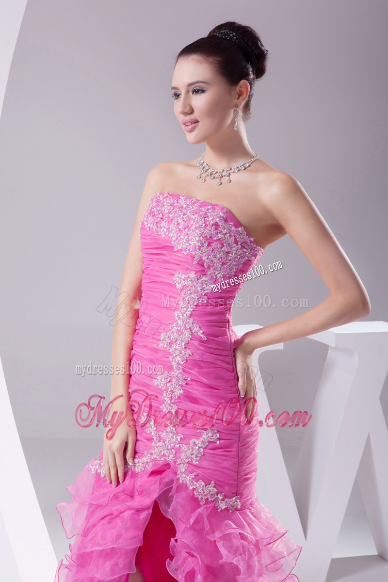 Mermaid Hot Pink Appliques Ruching Ruffled Layers Prom Dress