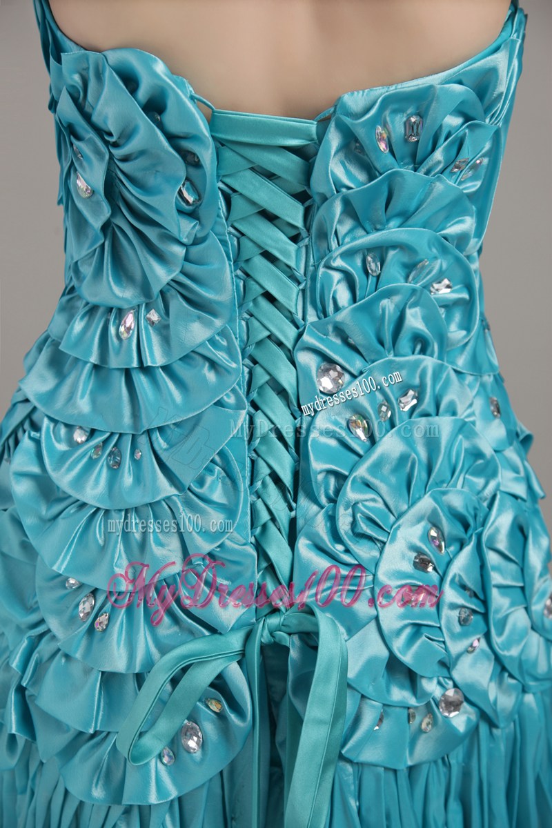 Teal Strapless Brush Train Beading and Ruching for Pageant Dresses