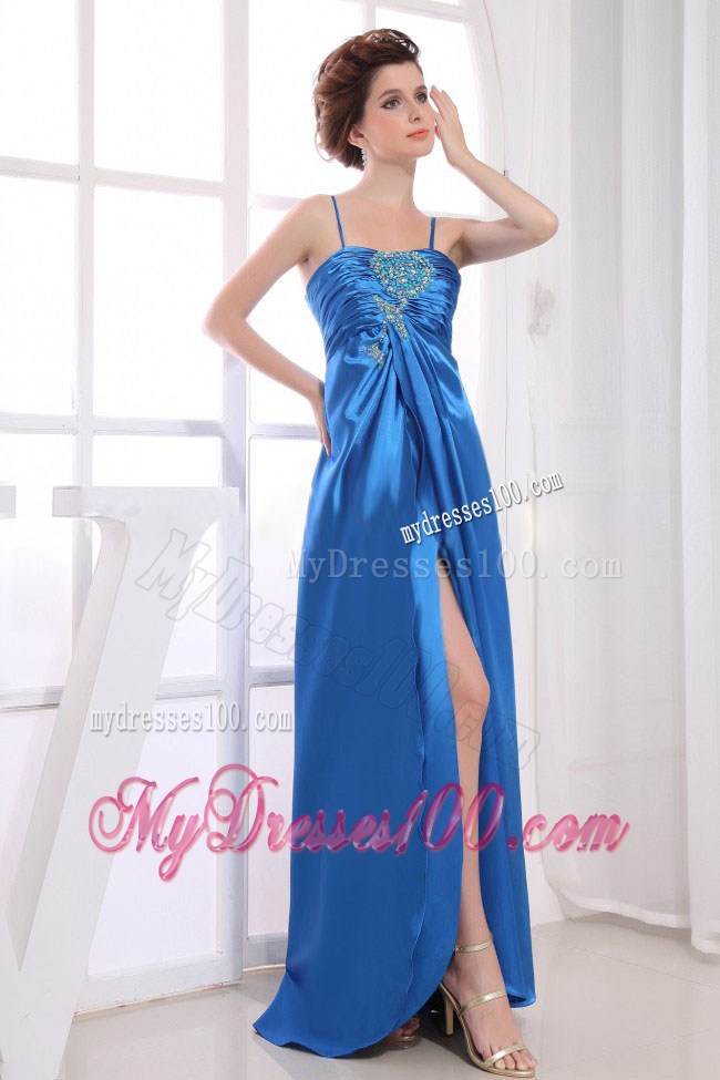 Royal Blue Prom / Evening Dress With Spaghetti Straps Appliques and Beading High Slit