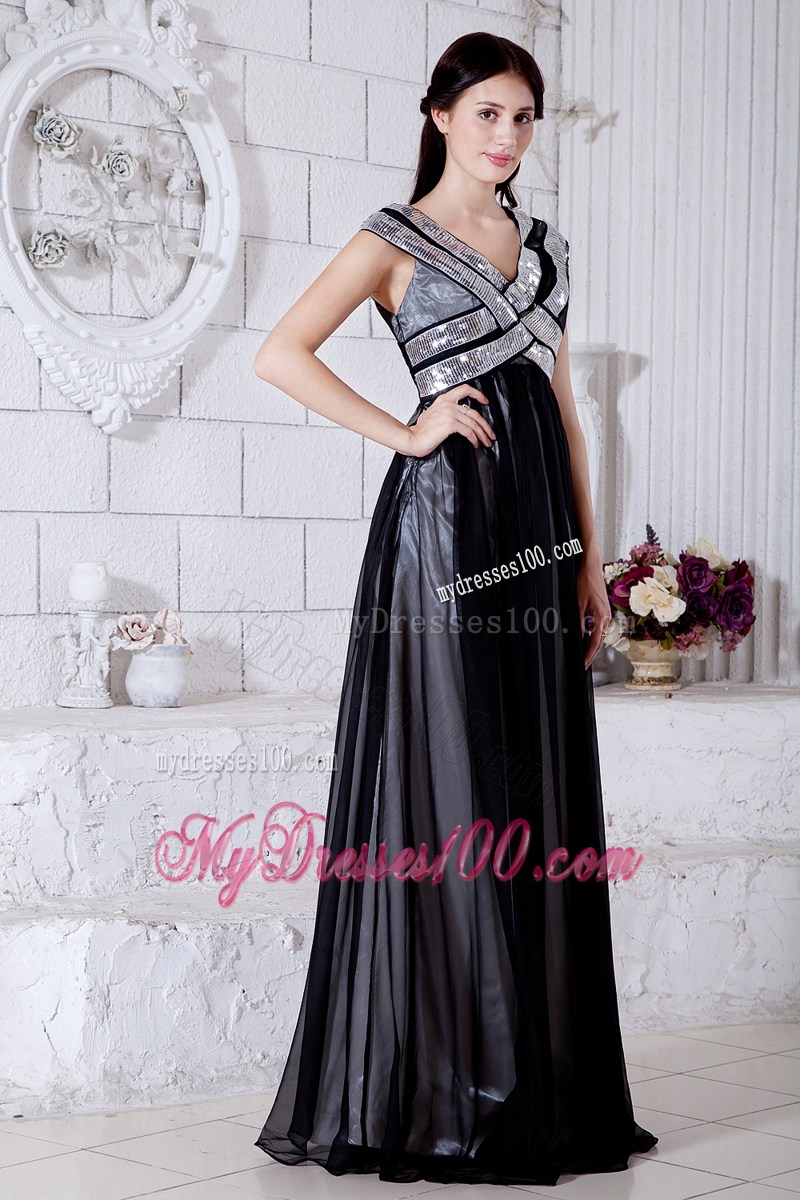 Black Empire V-neck Brush Train Sequins Pageant Dresses for 2013