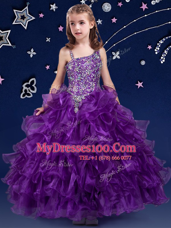 Ruffled Floor Length Ball Gowns Sleeveless Purple Girls Pageant Dresses Lace Up