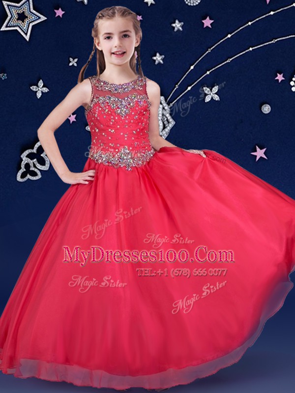 Scoop Red Sleeveless Beading Floor Length Pageant Gowns For Girls