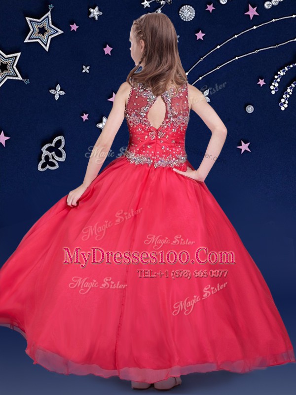 Scoop Red Sleeveless Beading Floor Length Pageant Gowns For Girls