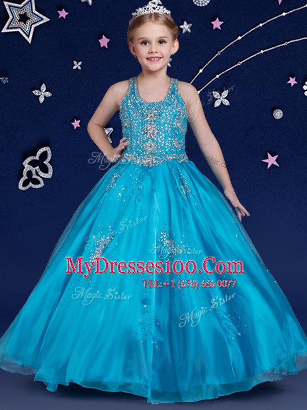 Blue Ball Gowns Scoop Sleeveless Organza Floor Length Zipper Beading Child Pageant Dress