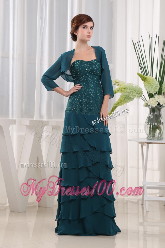 Beading Column Strapless Chiffon Floor-length Teal Mother Bride Dress