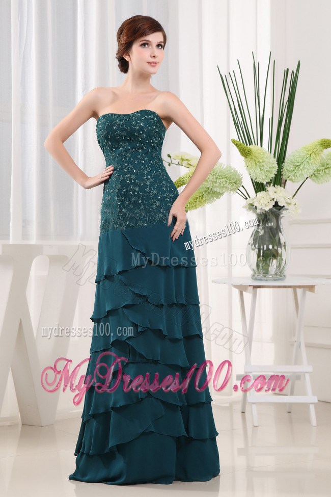 Beading Column Strapless Chiffon Floor-length Teal Mother Bride Dress