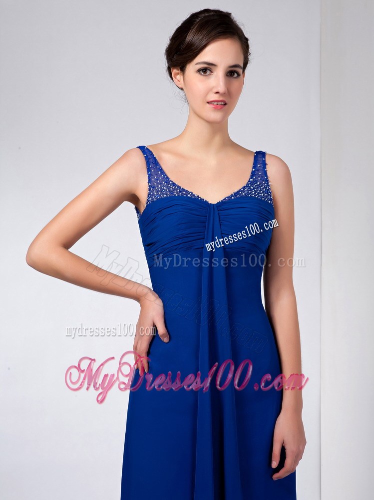 Blue Column Straps Ankle-length Beading Mother of the Bride Dress