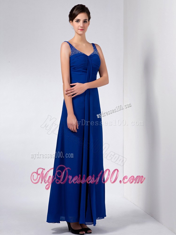 Blue Column Straps Ankle-length Beading Mother of the Bride Dress