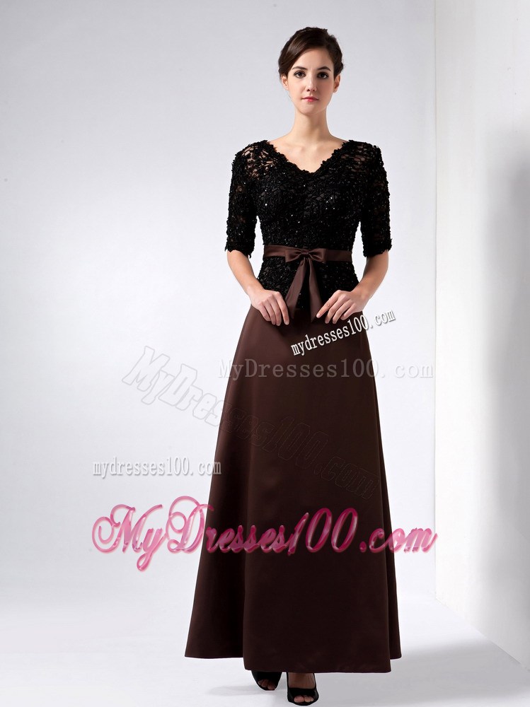 Brown V-neck Ankle-length Lace Beading Mother of the Bride Dress