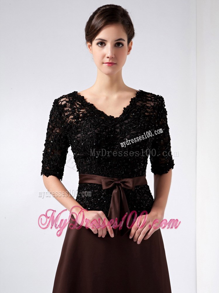 Brown V-neck Ankle-length Lace Beading Mother of the Bride Dress